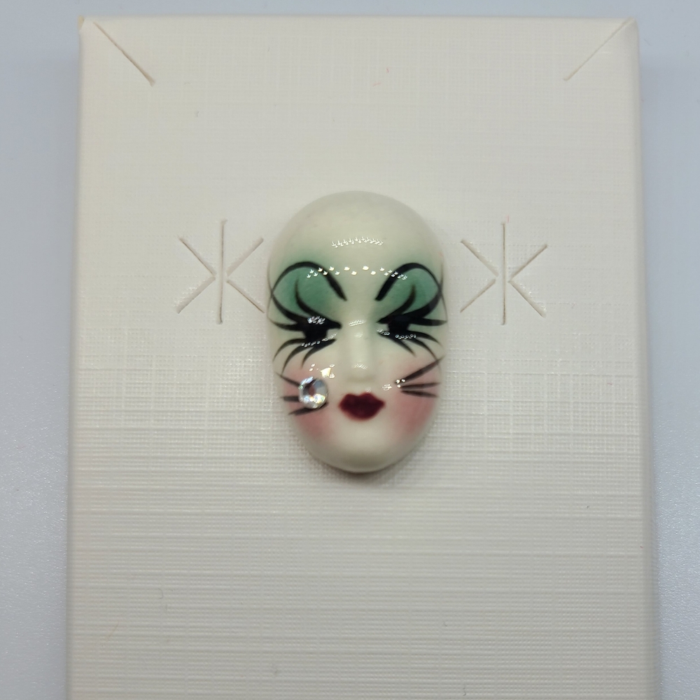 Vintage Fancy Faces Brooch Pin Handpainted Porcelain Mask with Rhinestone